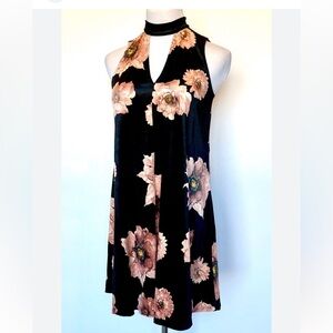 Aqua Black Floral Halter Neck Dress